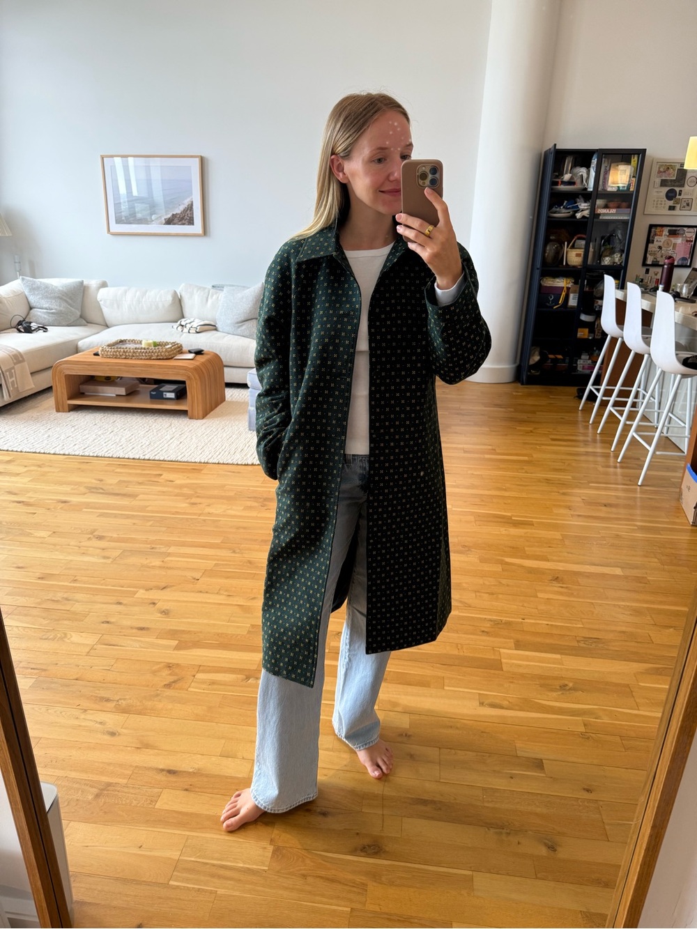 DONNI. Dark Green Daisy Coat with Yellow and Orange Accent Dots